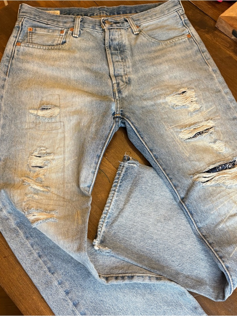 VTG Men's Levi’s 501 93’ Ripped Button Fly Cotton Blue Jeans Distressed W32 30L